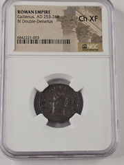 NGC Ch.XF Gallienus BI Double Denarius. 253-268AD. Jupiter w/Thunderbolt