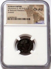 310 – 313 AD ROMAN EMPIRE MAXIMINUS II BI-REDUCED NUMMUS ANTIOCH NGC CHOICE AU