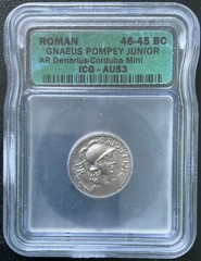 GNAEUS POMPEY JUNIOR 46-45 BC DENARIUS SILVER COIN ICG AU-53