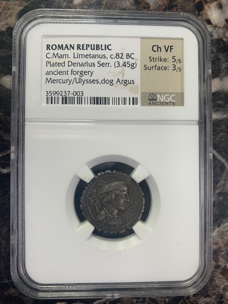 RARE ROMAN REPUBLIC ANCIENT FORGERY LIMETANUS 82 BC PLATED DENARIUS NGC CH-VF