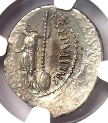 Julius Caesar AR Denarius (P. Sepullius Macer) Coin 44 BC – NGC Choice XF (EF)