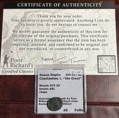 Hi-Grade Constantine “The Great” 306-337 AE 18mm Wreath Vot XX/Arelate COA CB109