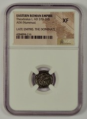 Roman Empire AD 379-395, AE4 Nummus coin for Theodosius I, NGC Graded XF