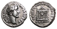 *AET* ANTONINUS PIUS AR Denarius. EF-/VF+. Temple.
