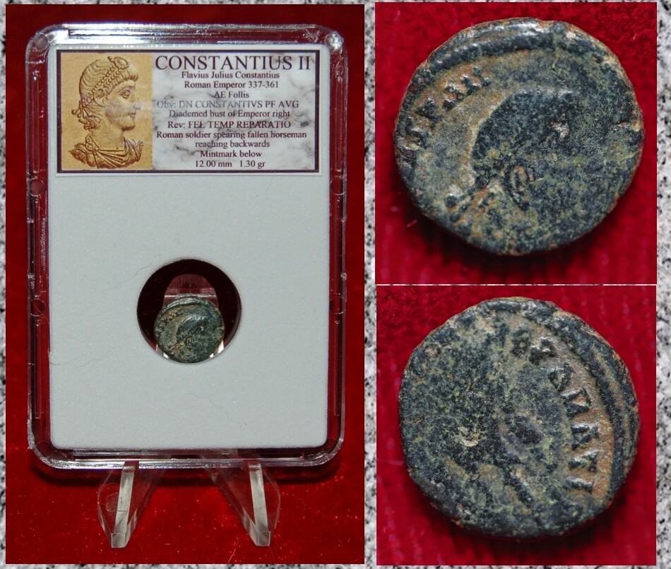 Ancient Roman Empire Coin CONSTANTIUS II Roman Soldier Spearing Fallen Horseman