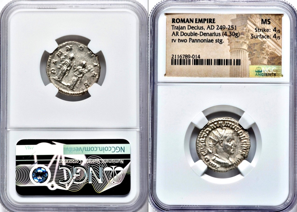 249-251 AD Trajan Decius Pannoniae Rev. Ancient Roman Silver Dbl Denarius NGC MS
