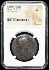 Nerva. AD 96-98. Æ Sestertius, Mules grazing, Postal Tax Reform, NGC G