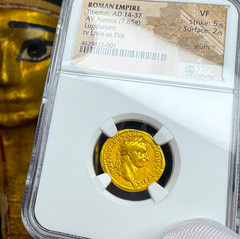 ROMAN EMPIRE “TIBERIUS- 3RD OF 12 CAESARS” 14AD AUREUS NGC VF ANCIENT GOLD COINS