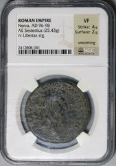 97 NGC VF Nerva Roman Empire AE Sestertius Rare Libertas Liberty (26041803C)