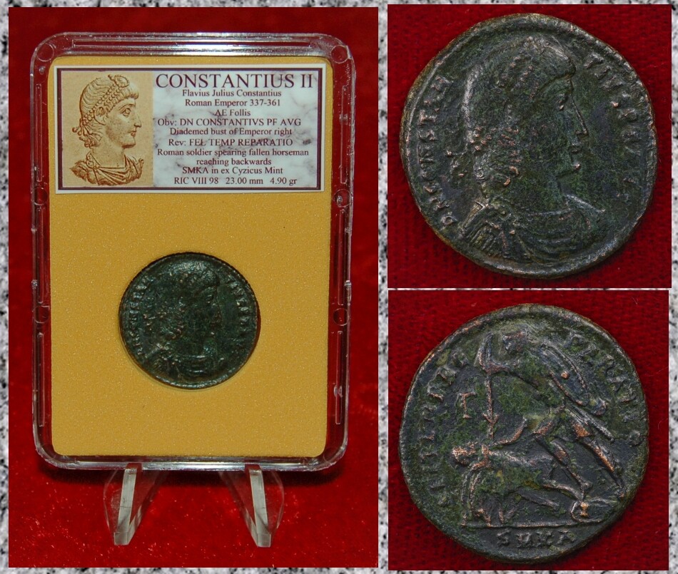 Ancient Roman Empire Coin CONSTANTIUS II Roman Soldier Spearing Fallen Horseman