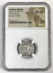 209 – 211 AD Geta Roman Empire Silver Denarius NGC Choice VF