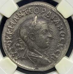 NGC AU. Tetradrachm Gordian III 238-244 AD Antioch Roman Empire Silver Coin RARE