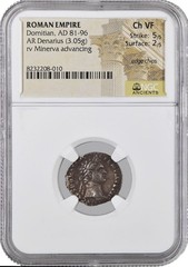AD 81-96 Roman Empire Domitian AR Denarius Silver NGC Ancients Choice VF 5/5 2/5