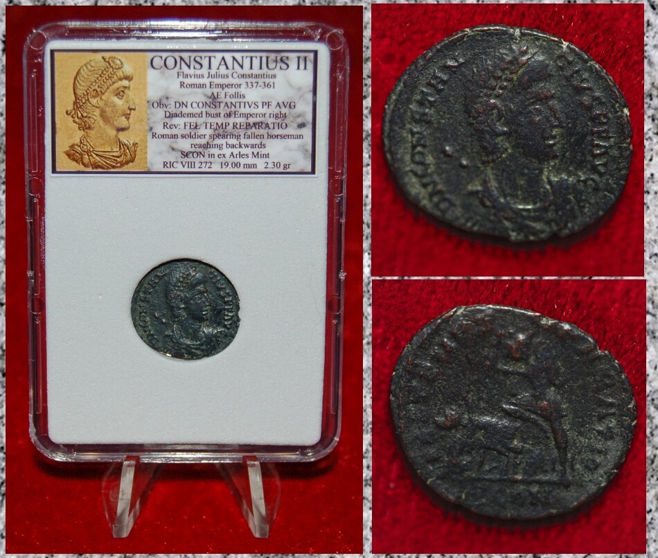 Ancient Roman Empire Coin CONSTANTIUS II Roman Soldier Spearing Fallen Horseman