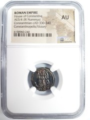 Constantinian Roman Empire Nummus NGC AU Constantinopolis Nike Victory on Prow