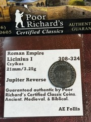 Roman Emperor Licinius AD308-324 Czyikos. Jupiter Reverse. 21mm Bl Follis CR61