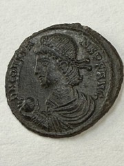 Constans Ancient Roman coin AD 348 Bust & Sphere/Soldier Spear Barbarian Hut