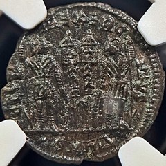 ROME. 330, Æ3/4 Nummus – NGC XF – Constantine I, GLORIA EXERCITVS, Cyzicus, Dot