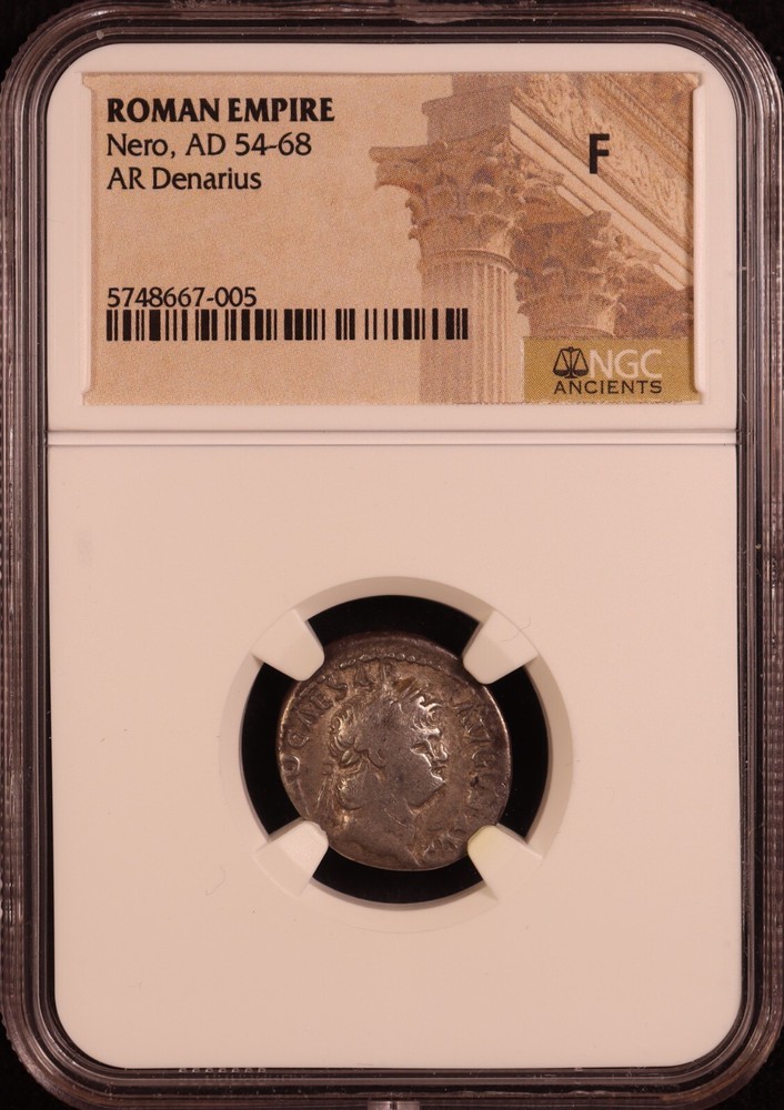 Roman Empire Nero Silver Denarius (54-68 AD) – NGC Fine! Jupiter Seated Reverse.