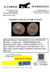 *Lucernae* Constantine I Æ Follis VIRTVS EXERCIT A-S / PLG Lugdunum 317-337 AD