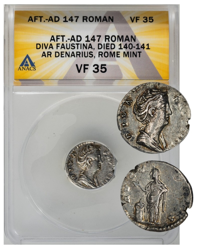 Roman Imperial. Diva Faustina AD 140-141 AR Denarius ANACS VF-35, RIC III 374