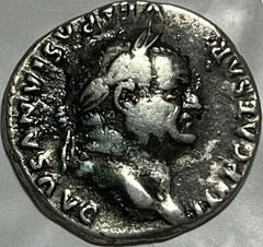 Vespasian Silver Denarius Rev. PON MAX TR P COS VI, Pax Seated Left NICE DETAIL!