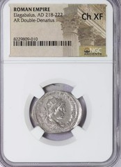 NGC Ch XF Elagabalus AR Double Denarius Rome 218-222 AD Roma w/ Victory rev.