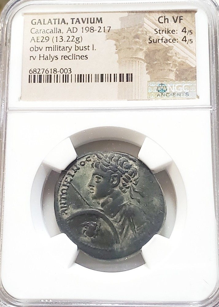 Galatia Tavium Caracalla Military Bust NGC CH VF Ancient Roman Coin Halys