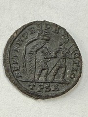 Constans Ancient Roman coin AD 348 Bust & Sphere/Soldier Spear Barbarian Hut