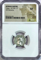 98-117 AD Trajan Ancient Roman Silver Denarius 18mm Coin NGC XF Extremely Fine