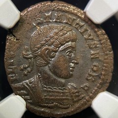 ROME. 330, Æ3/4 Nummus – NGC XF – Constantius II, GLORIA EXERCITVS, Lyons Gaul •