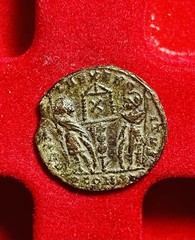 Delmatius AE Nummus Arles AD 336-337, GLORIA EXERCITVS, PCONST, VERY RARE, Ch-XF