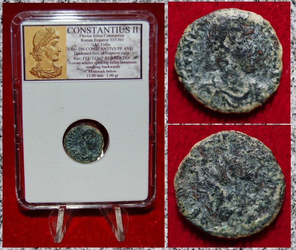Ancient Roman Empire Coin CONSTANTIUS II Roman Soldier Spearing Fallen Horseman