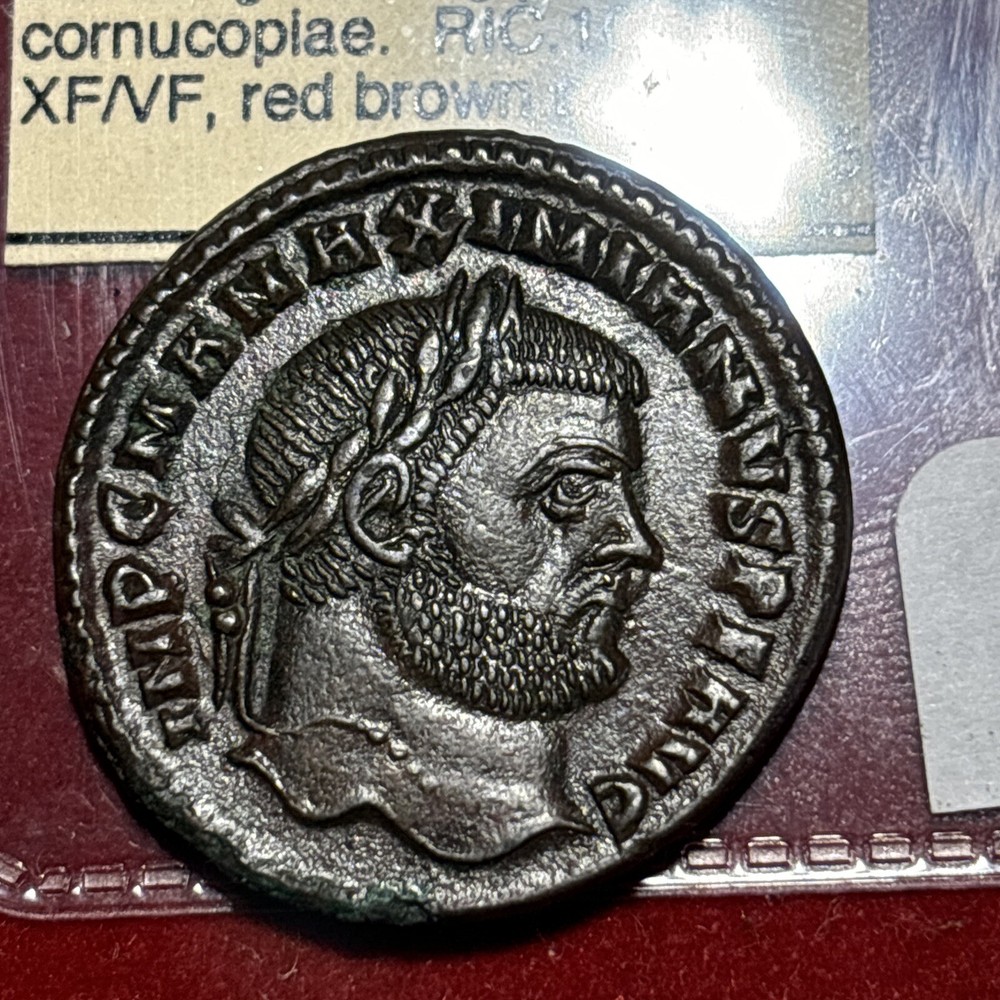 Roman Bronze Coin — Maximinus Follis 286-305 A.D. Rev Genius Red Brown Patina