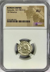 198-217 AD Caracalla w/ Diana & Briga Ancient Roman Silver Denarius Coin NGC AU