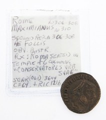 306-308 AD Roman Empire AE Follis Coin Maximianus Roma Temple CONSERVATORES