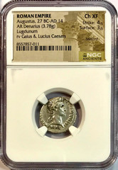 27 BC-14 AD Augustus Ancient Roman Silver Denarius Coin Lugdunum NGC Choice XF