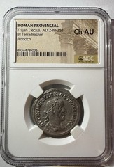 249-251 AD Trajan Decius Ancient Roman BI Tetradrachm Antioch NGC Choice AU