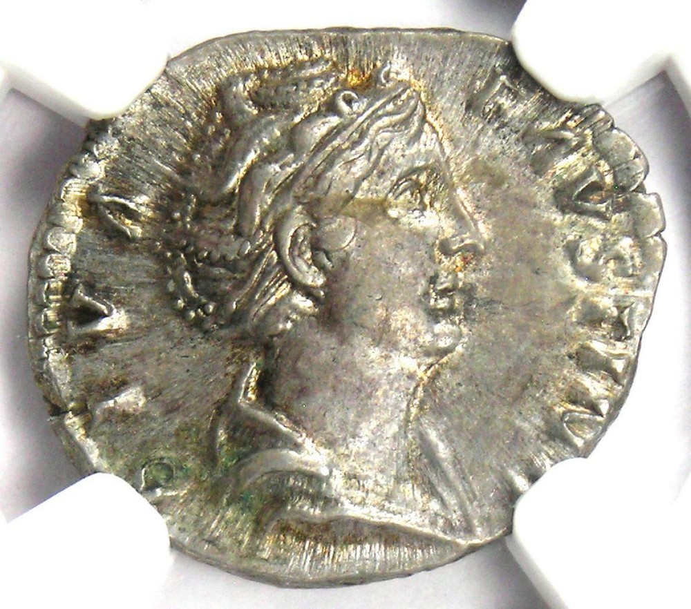 Faustina Senior AR Denarius Silver Peacock Coin 138-40 AD – NGC AU – 5/5 Surface