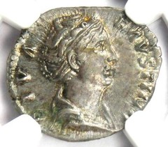 Faustina Senior AR Denarius Silver Peacock Coin 138-40 AD – NGC AU – 5/5 Surface
