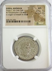 244- 249 AD SILVER ROMAN EMPIRE BI TETRADRACHM PHILIP I COIN NGC MINT STATE 5/4