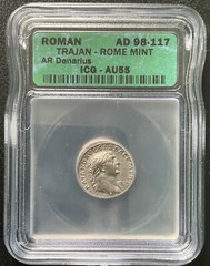 TRAJAN AD 98-117 DENARIUS SILVER COIN ICG AU-55