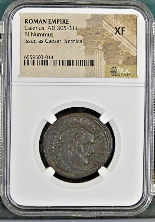 Roman Empire Galerius AD 305-314 BI Nummus Issues as Caesar Serdica NGC XF