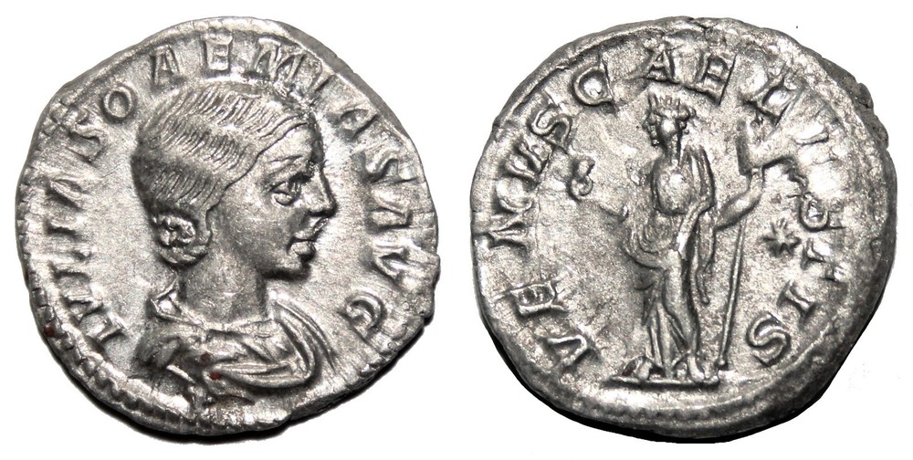 *AET* JULIA SOAEMIAS AR Denarius. Almost EF/EF-. Venus.