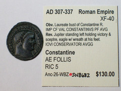 AD 307-337 Roman Empire Constantine AE FOLLIS RIC 5 XF SN8682