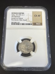 Roman Empire Geta AD 209-211 AR Denarius NGC Ch XF Issued as Caesar Seven Hills