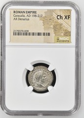 198 – 217 AD Caracalla AR Denarius NGC Ch XF Roman Empire Silver Coin Military
