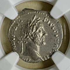 Roman Empire – Antoninus Pius AD 148 AR Denarius NGC XF “4th of 5 Good Emperors”