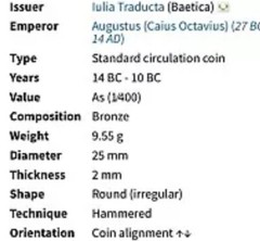 14BC-10BC Emperor Augustus Ancient Roman Province Julia Traducta Coin Octavian
