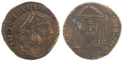 306-308 AD Roman Empire AE Follis Coin Maximianus Roma Temple CONSERVATORES